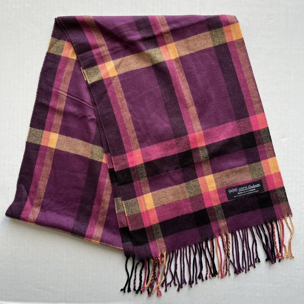 100% Cashmere Scarf 69X 11 Made In Scotland Multicolor Plaid Fringe Rectangle
